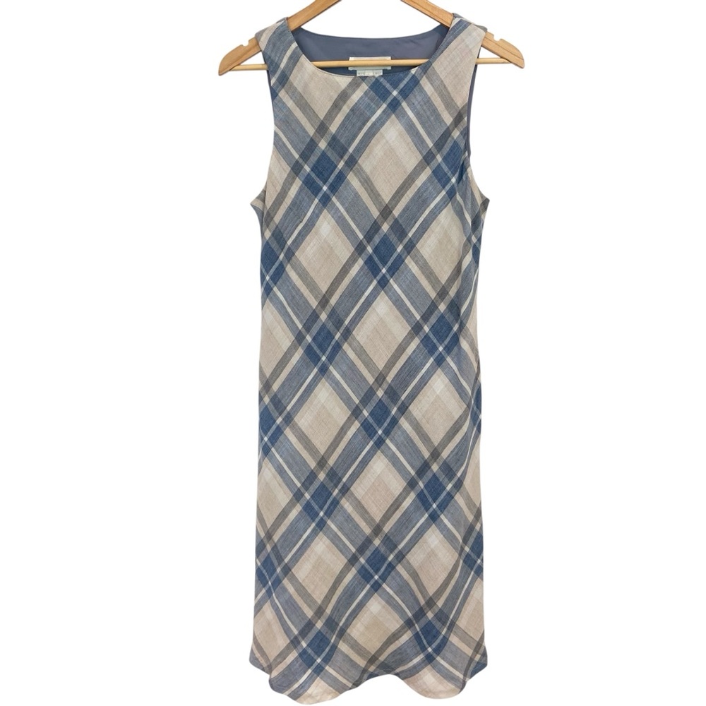 SAN Francisco Linen blend dress round neck sleeveless ecru white blue & tan sz 9